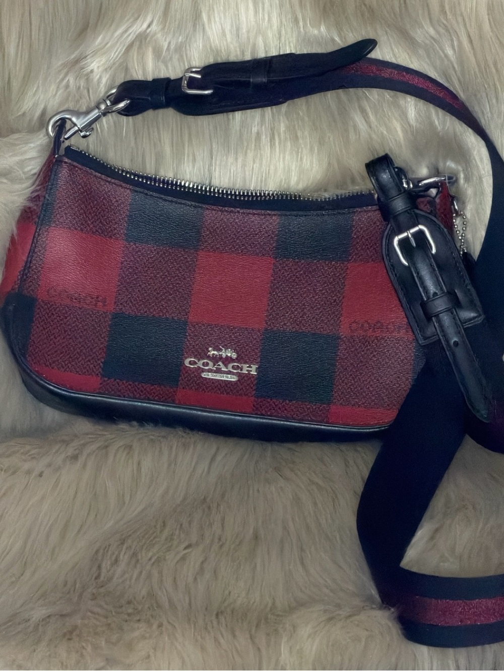 Coach Red and Black Buffalo Plaid Crossbody with Leather Trim - Picture 3 of 7